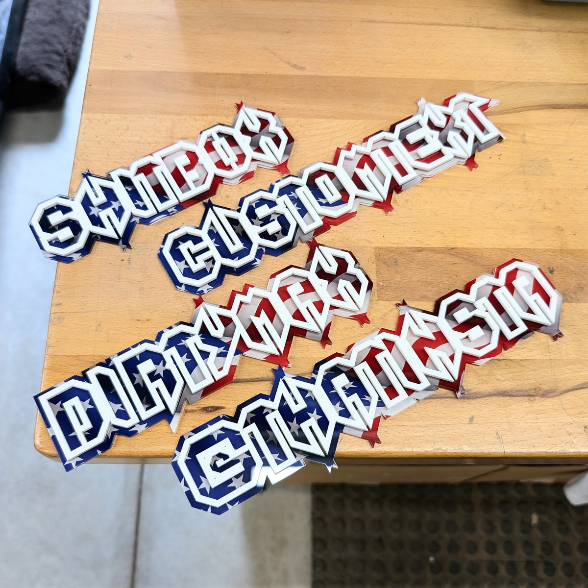 Custom Text Vehicle Badge - Box Font - American Flag Background