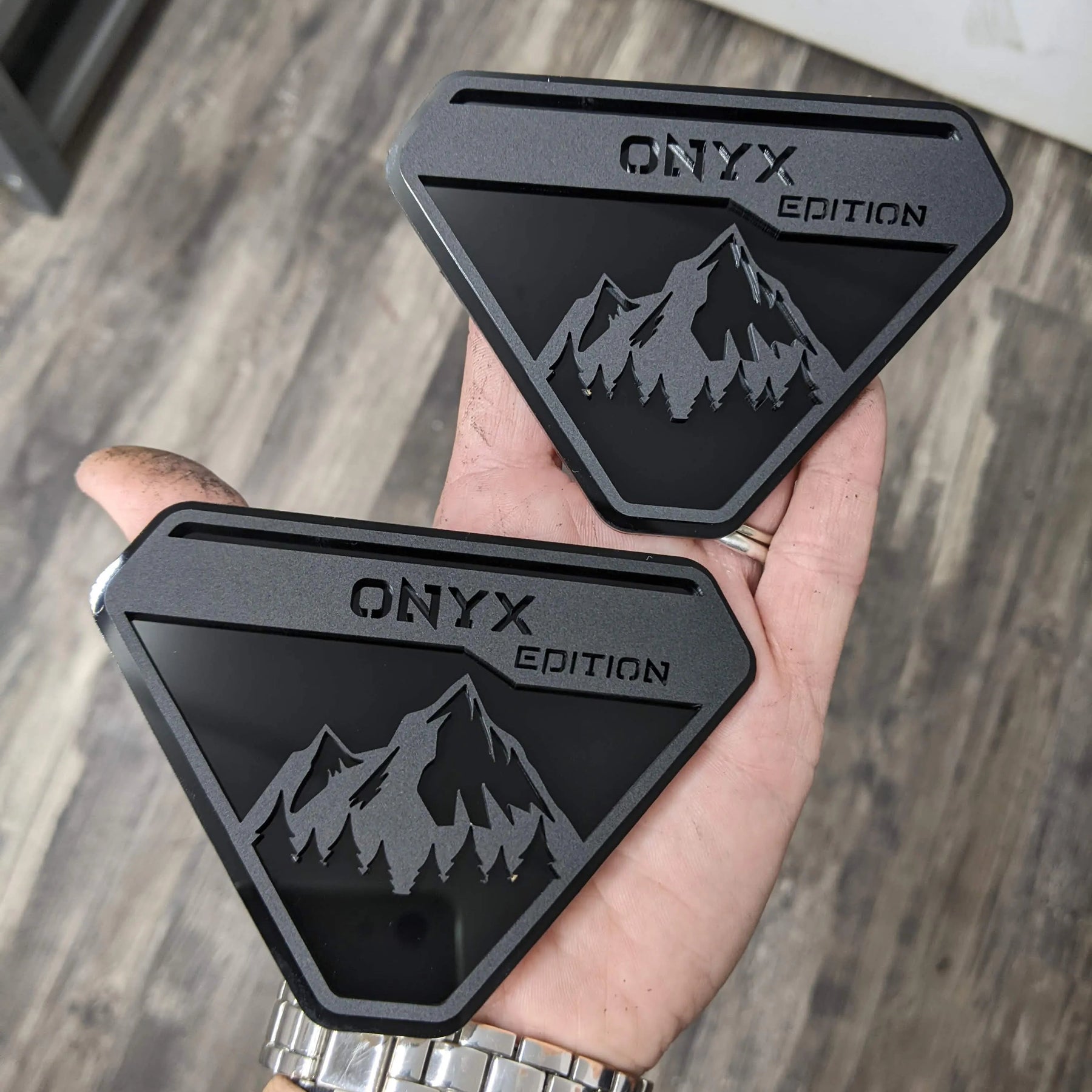 Fender Badge Pair - Custom Text Mountains - Fits 2021+ Bronco® Badlands® - Matte Black on Black