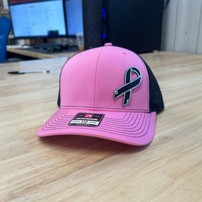 Breast Cancer Awareness Badge Hat - Black and Brushed Stainless Badge