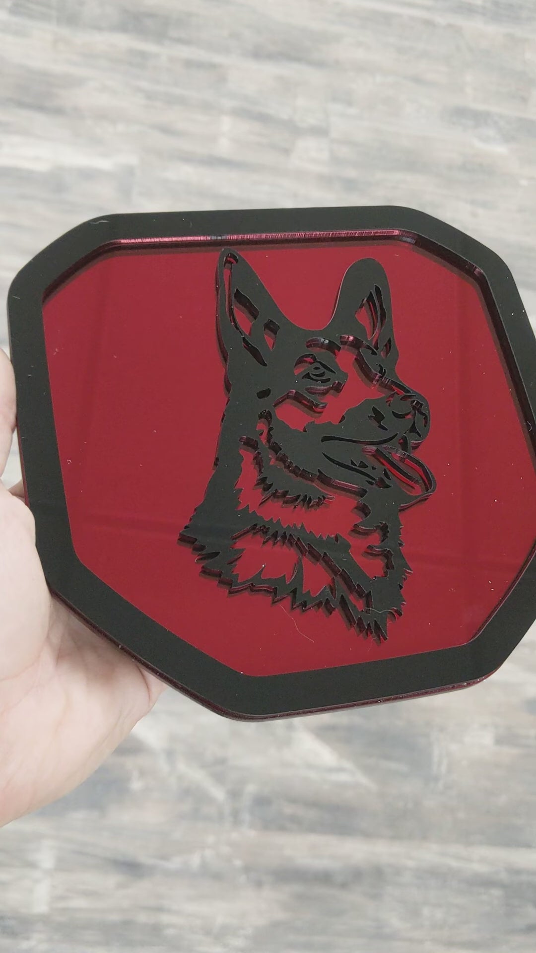 German Shepherd Tailgate Badge - Fits 2019+ (5th Gen) Dodge® Ram® Tailgate -1500, 2500, 3500 - Black on Mirror Red