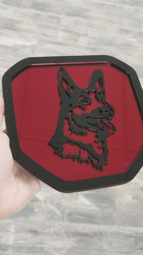 German Shepherd Tailgate Badge - Fits 2019+ (5th Gen) Dodge® Ram® Tailgate -1500, 2500, 3500 - Black on Mirror Red