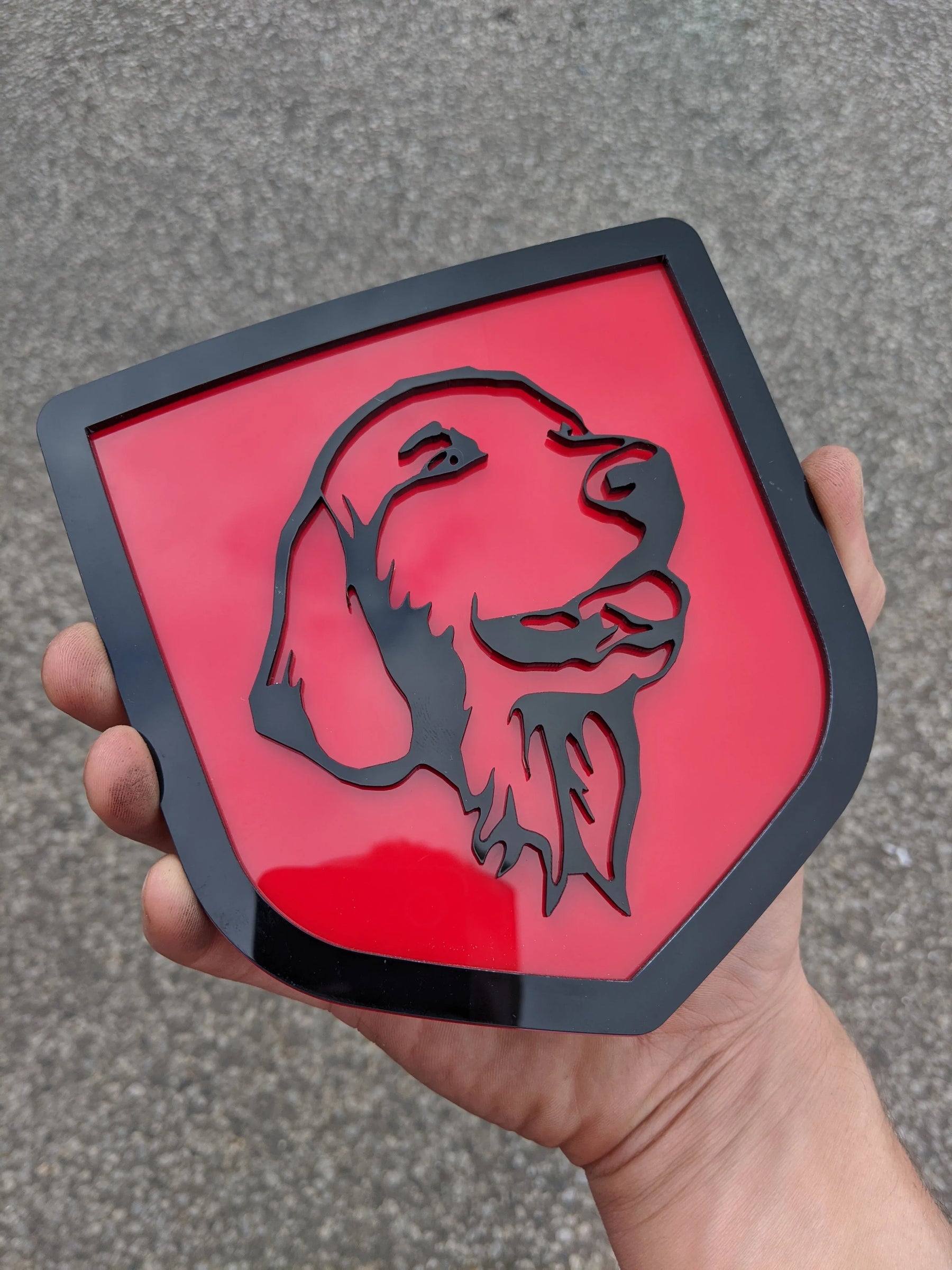 Golden Retriever Badge - Fits 2009-2018 Dodge® Ram® Tailgate - 1500, 2500, 3500 - Black on Red