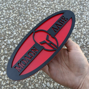 Molon Labe Oval Badge - 9 inch - Black on Red (Multiple Vehicles)