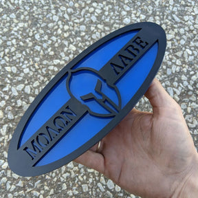 Molon Labe Oval Badge - 9 inch - Black on Blue (Multiple Vehicles)