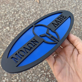 Molon Labe Oval Badge - 9 inch - Matte Black on Blue (Multiple Vehicles)