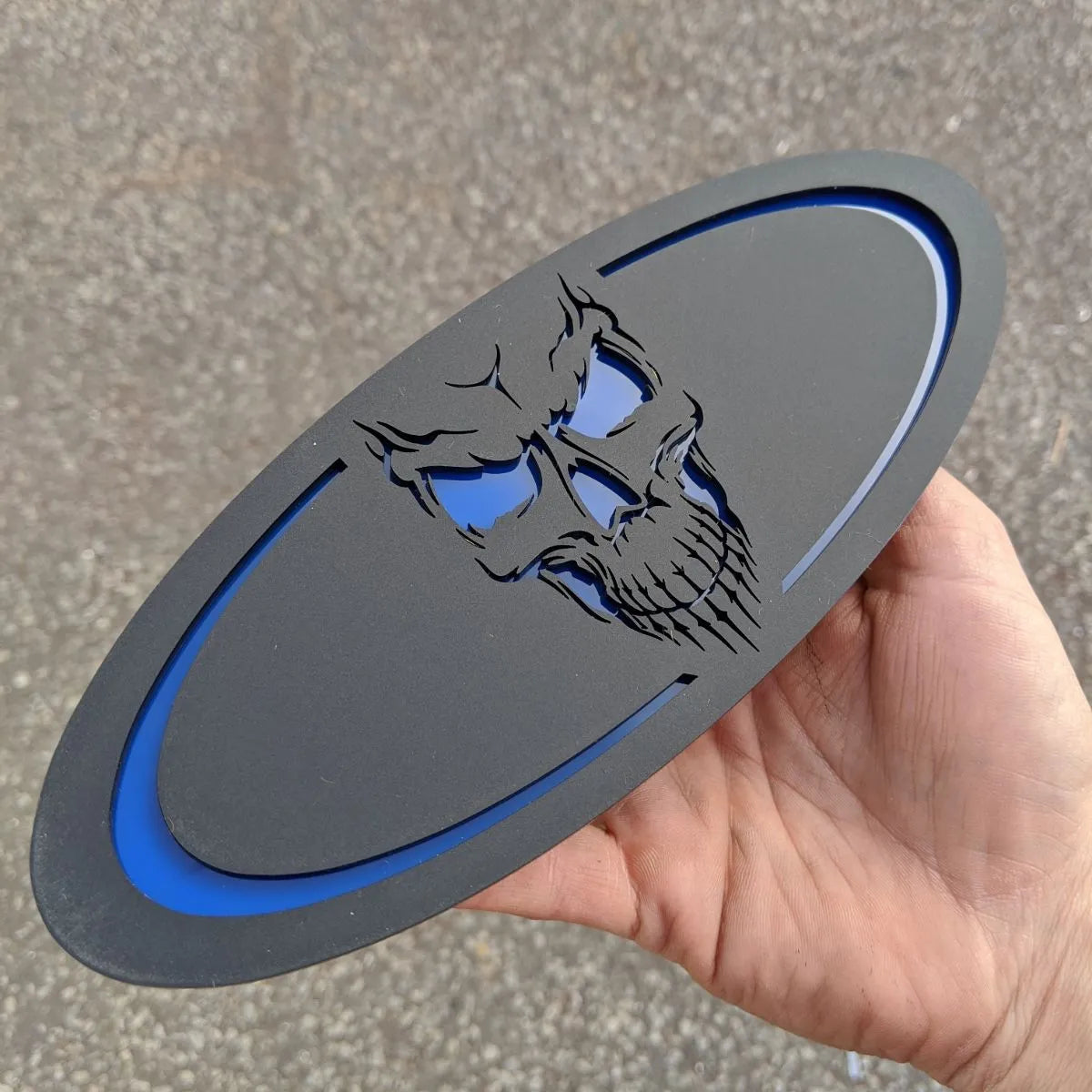 Skull Oval Badge - 9 inch - Matte Black on Blue (Multiple Vehicles)