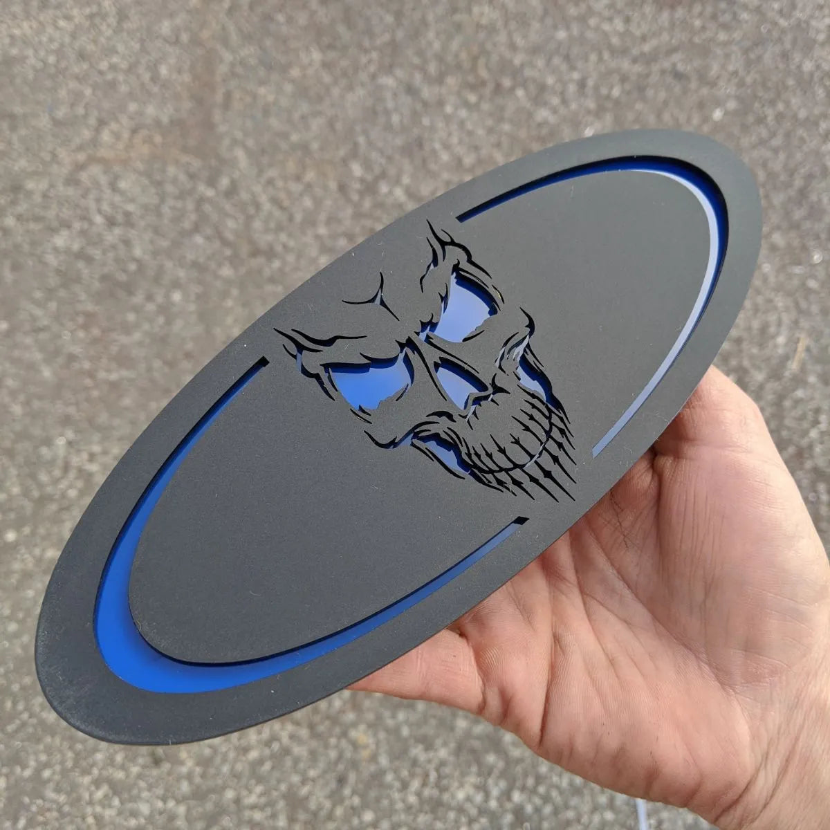 Skull Oval Badge - 9 inch - Matte Black on Blue (Multiple Vehicles)