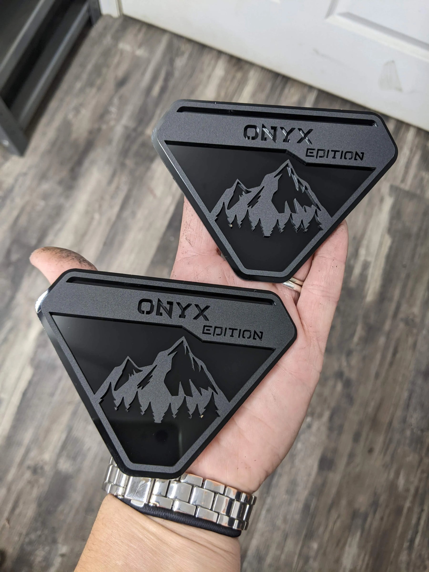 Fender Badge Pair - Custom Text Mountains - Fits 2021+ Bronco® Badlands® - Matte Black on Black