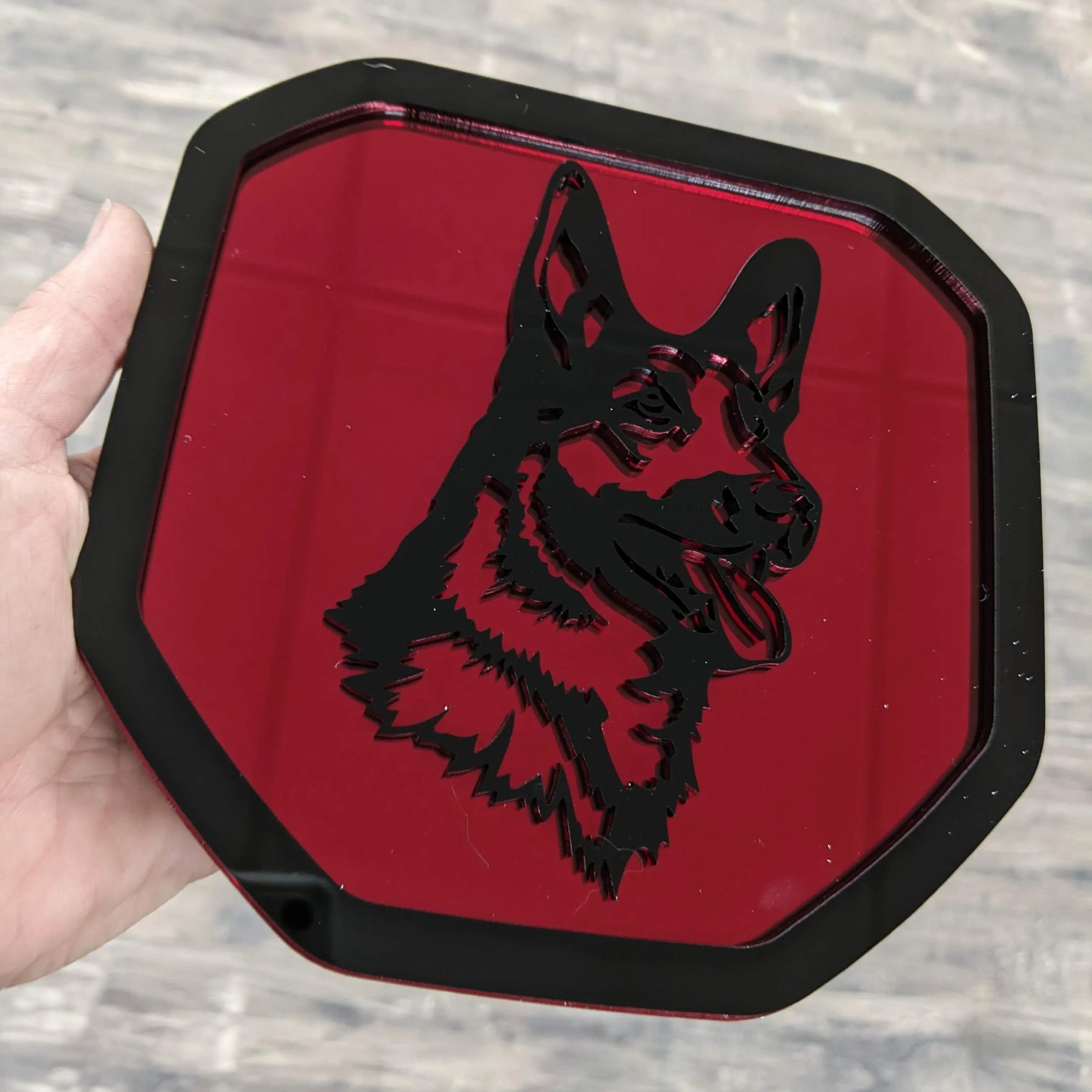 German Shepherd Tailgate Badge - Fits 2019+ (5th Gen) Dodge® Ram® Tailgate -1500, 2500, 3500 - Black on Mirror Red